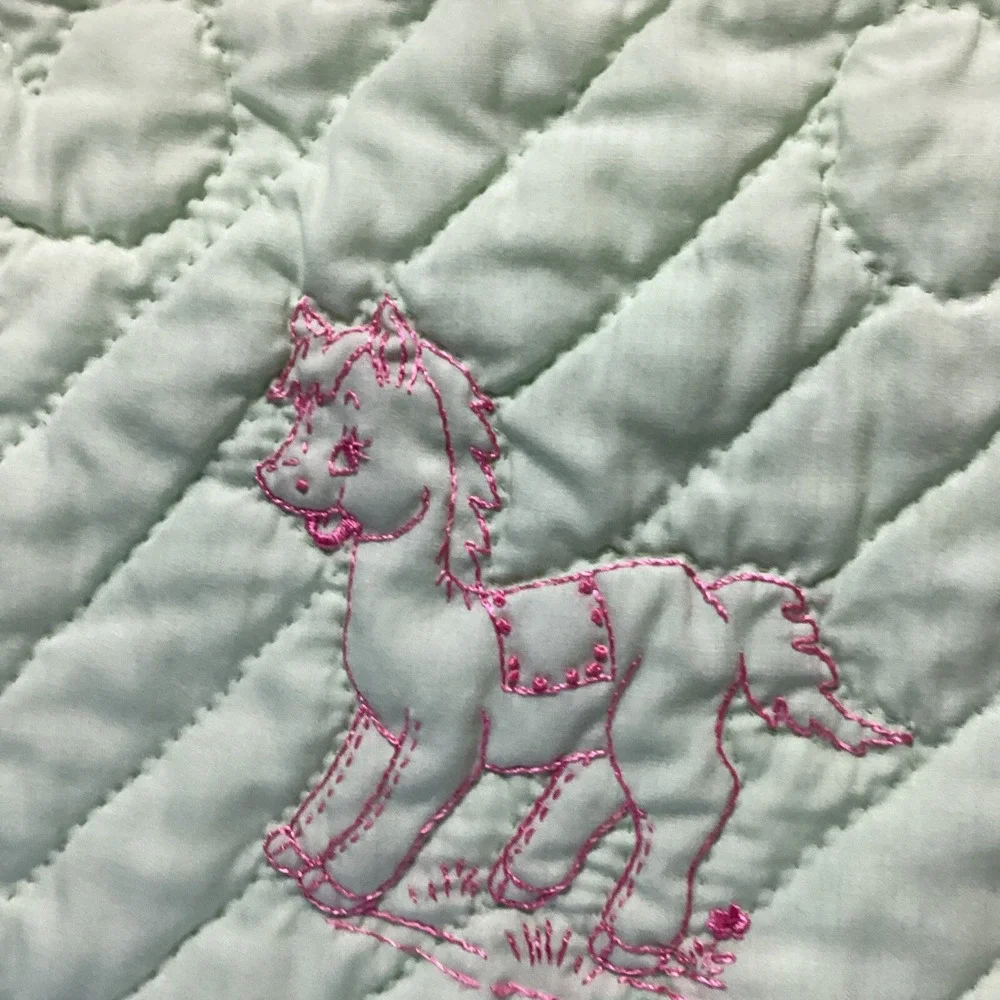 Crib Blanket Hand-Stitched Embroidered Baby Animals Pink&Green Nursery 54